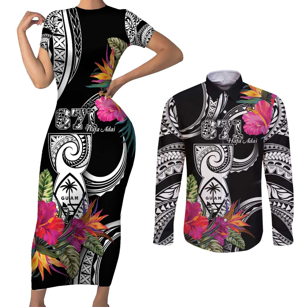 Hafa Adai Guam Couples Matching Short Sleeve Bodycon Dress and Long Sleeve Button Shirt Polynesian Tattoo Tropical Flowers