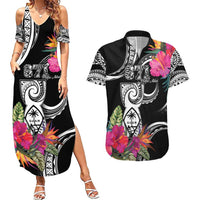 Hafa Adai Guam Couples Matching Summer Maxi Dress and Hawaiian Shirt Polynesian Tattoo Tropical Flowers