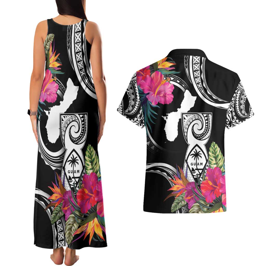 Hafa Adai Guam Couples Matching Tank Maxi Dress and Hawaiian Shirt Polynesian Tattoo Tropical Flowers