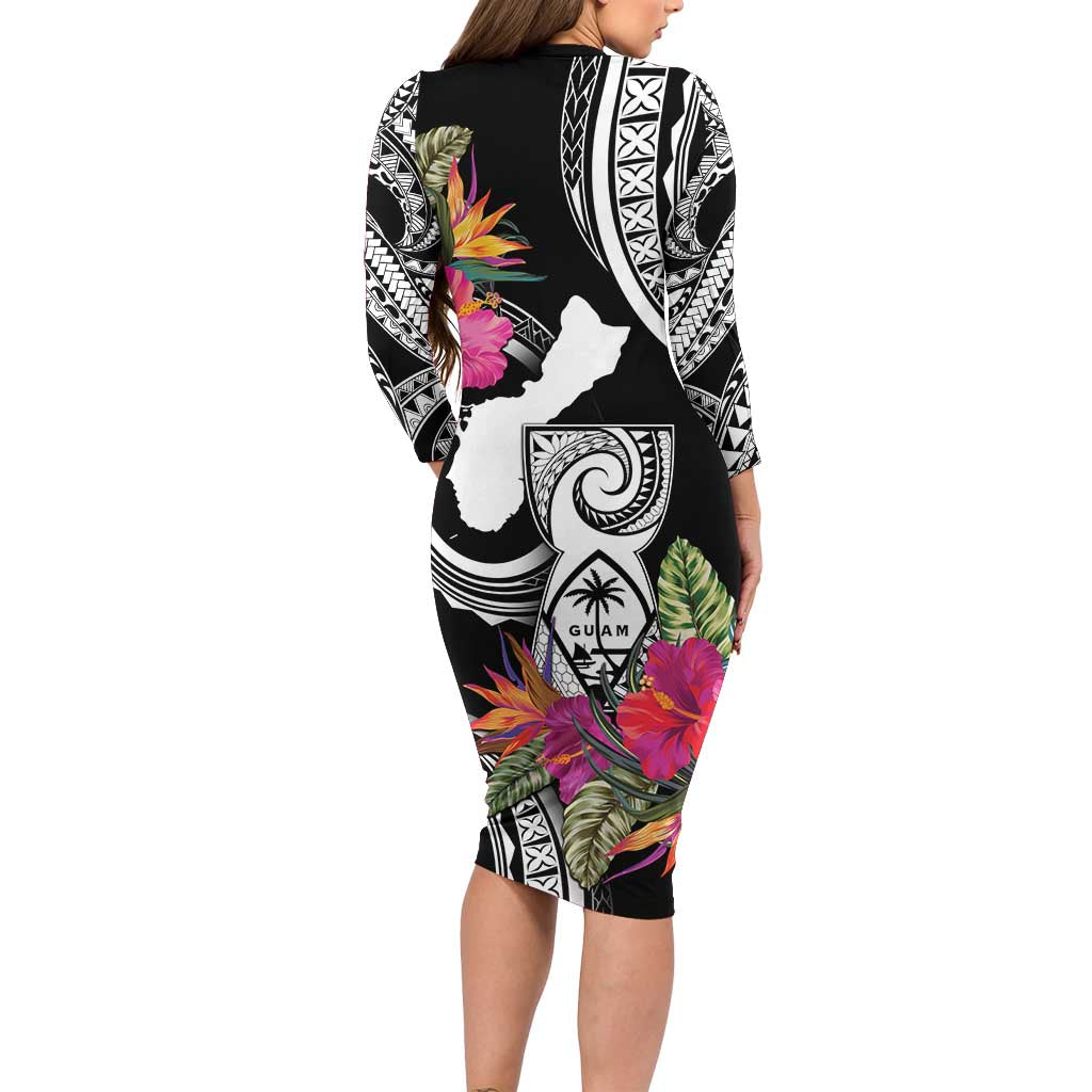Hafa Adai Guam Family Matching Long Sleeve Bodycon Dress and Hawaiian Shirt Polynesian Tattoo Tropical Flowers