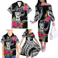 Hafa Adai Guam Family Matching Off The Shoulder Long Sleeve Dress and Hawaiian Shirt Polynesian Tattoo Tropical Flowers