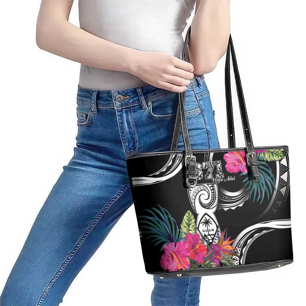Hafa Adai Guam Leather Tote Bag Polynesian Tattoo Tropical Flowers