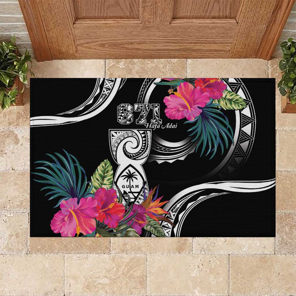 Hafa Adai Guam Rubber Doormat Polynesian Tattoo Tropical Flowers