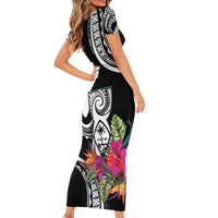 Hafa Adai Guam Short Sleeve Bodycon Dress Polynesian Tattoo Tropical Flowers