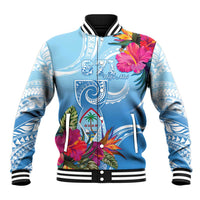 Hafa Adai Guam Baseball Jacket Tropical Flowers Blue Gradient