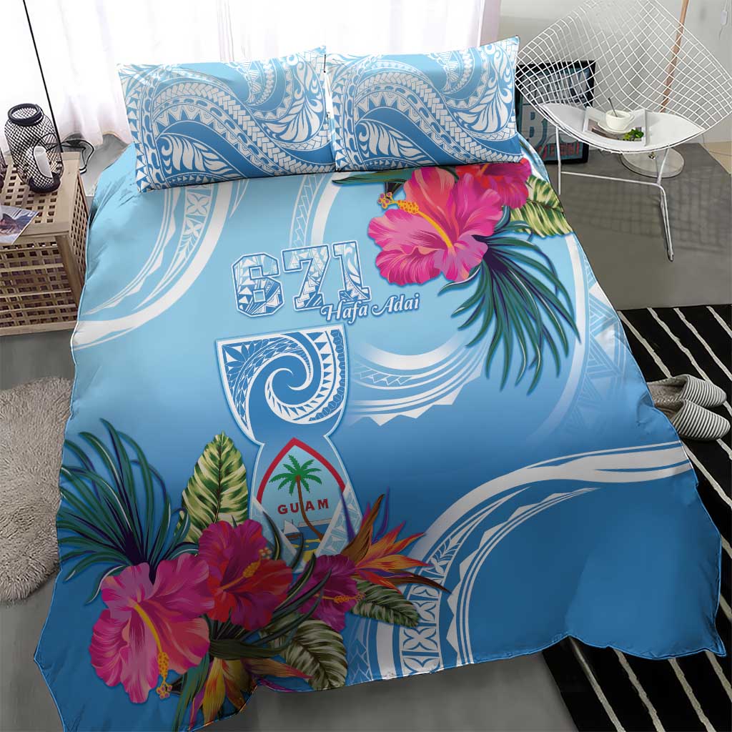 Hafa Adai Guam Bedding Set Tropical Flowers Blue Gradient