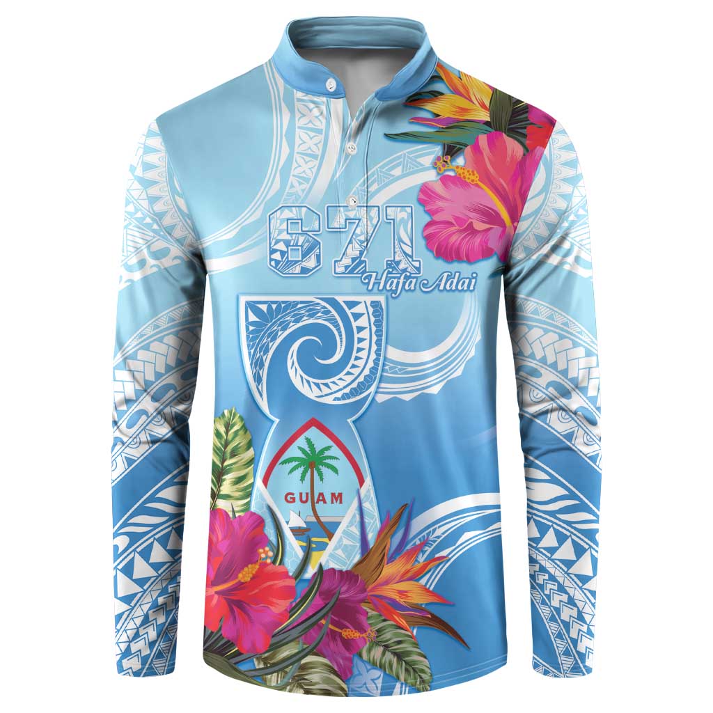 Hafa Adai Guam Button Sweatshirt Tropical Flowers Blue Gradient