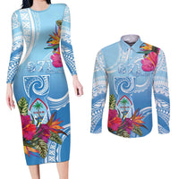 Hafa Adai Guam Couples Matching Long Sleeve Bodycon Dress and Long Sleeve Button Shirt Tropical Flowers Blue Gradient