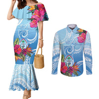 Hafa Adai Guam Couples Matching Mermaid Dress and Long Sleeve Button Shirt Tropical Flowers Blue Gradient