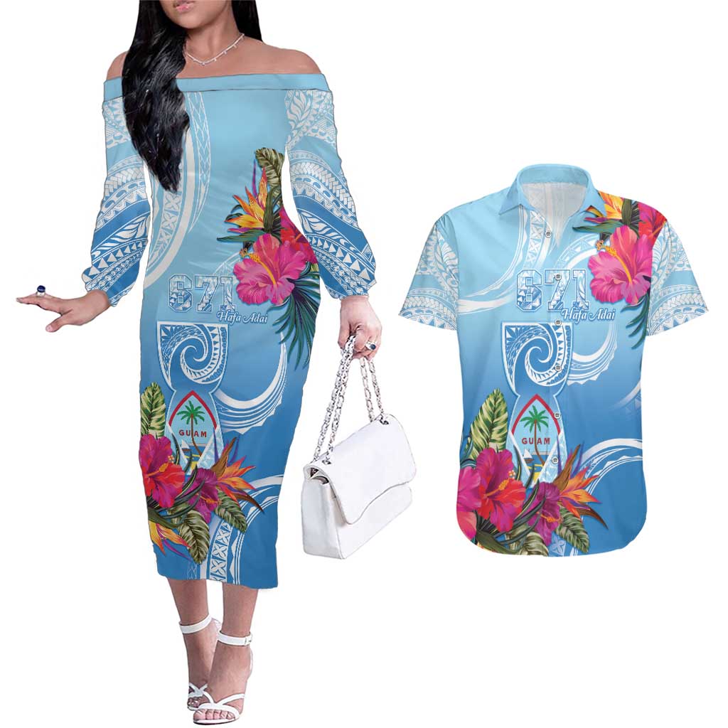 Hafa Adai Guam Couples Matching Off The Shoulder Long Sleeve Dress and Hawaiian Shirt Tropical Flowers Blue Gradient