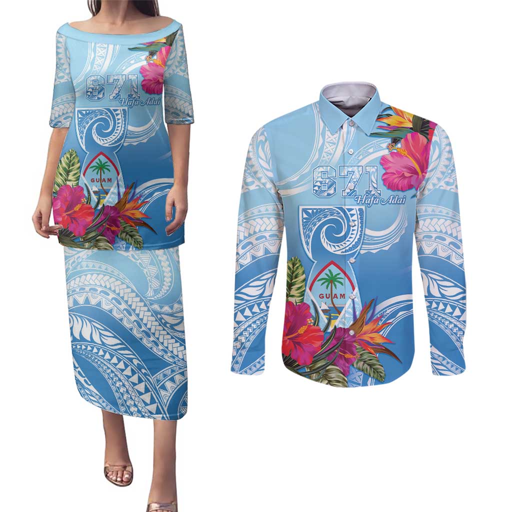 Hafa Adai Guam Couples Matching Puletasi and Long Sleeve Button Shirt Tropical Flowers Blue Gradient