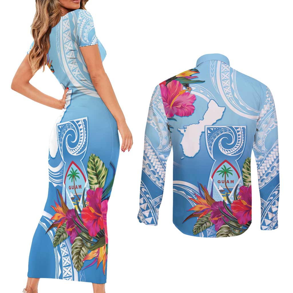 Hafa Adai Guam Couples Matching Short Sleeve Bodycon Dress and Long Sleeve Button Shirt Tropical Flowers Blue Gradient