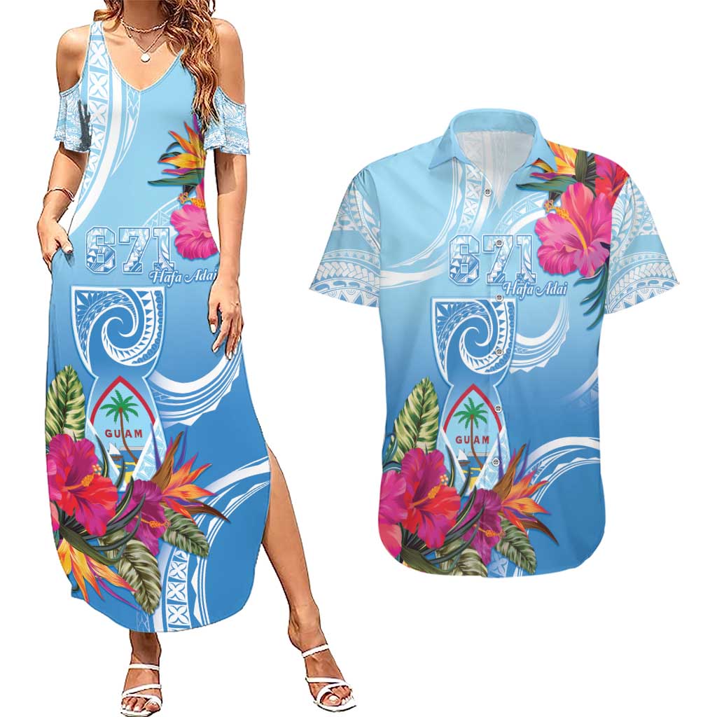Hafa Adai Guam Couples Matching Summer Maxi Dress and Hawaiian Shirt Tropical Flowers Blue Gradient