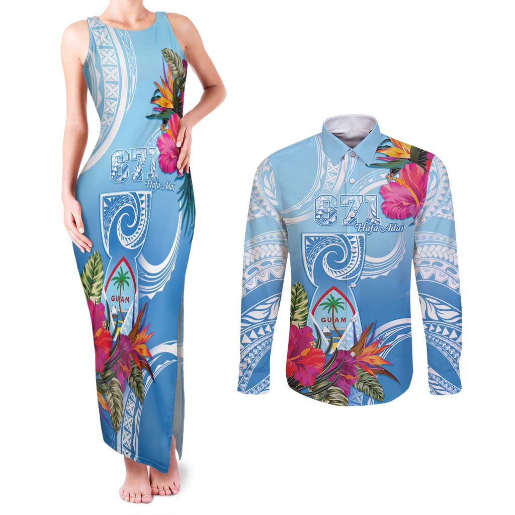Hafa Adai Guam Couples Matching Tank Maxi Dress and Long Sleeve Button Shirt Tropical Flowers Blue Gradient