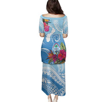 Hafa Adai Guam Family Matching Puletasi and Hawaiian Shirt Tropical Flowers Blue Gradient