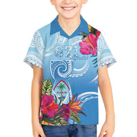 Hafa Adai Guam Family Matching Puletasi and Hawaiian Shirt Tropical Flowers Blue Gradient