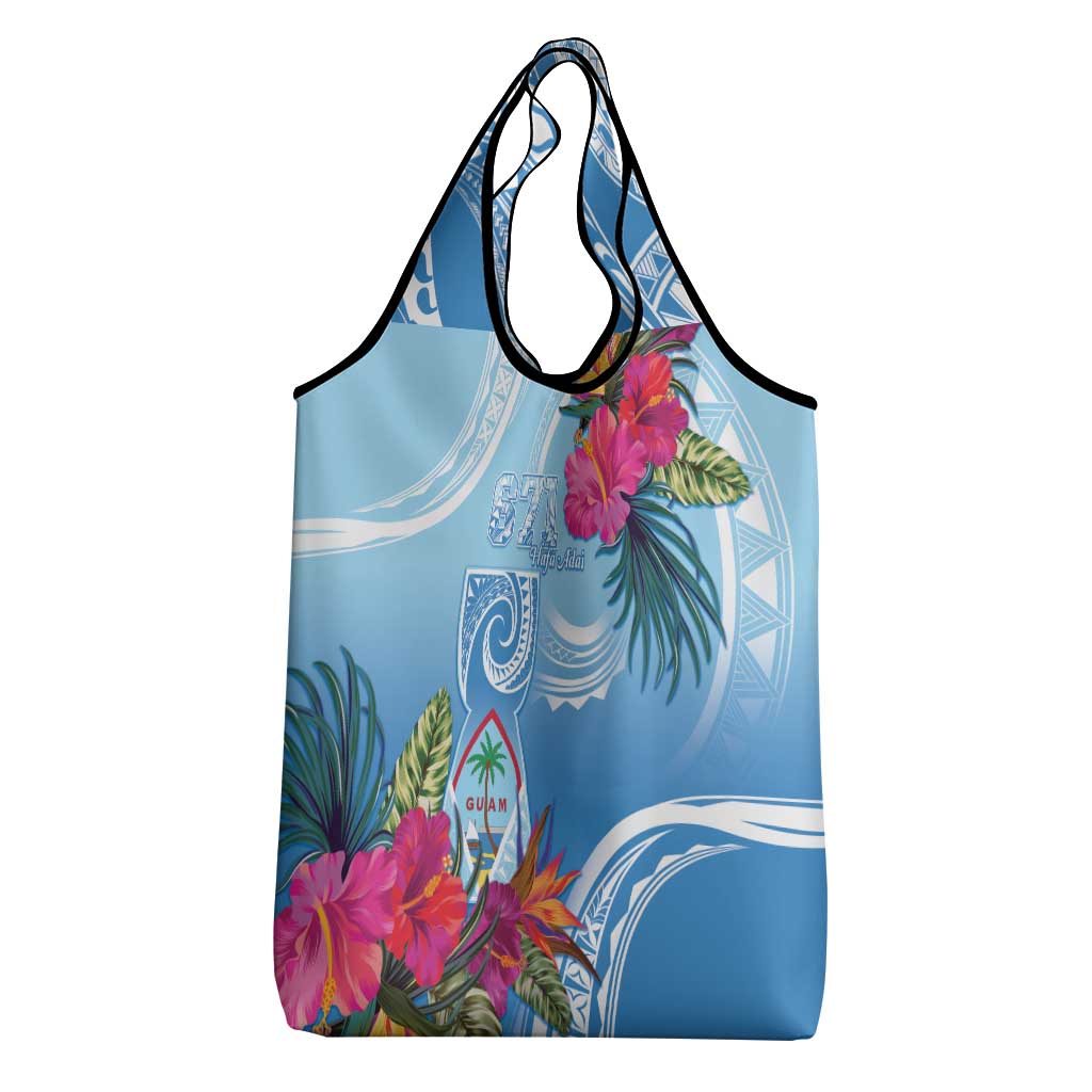 Hafa Adai Guam Grocery Bag Tropical Flowers Blue Gradient