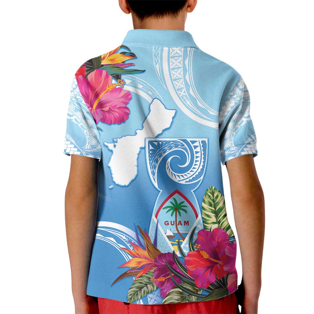 Hafa Adai Guam Kid Polo Shirt Tropical Flowers Blue Gradient