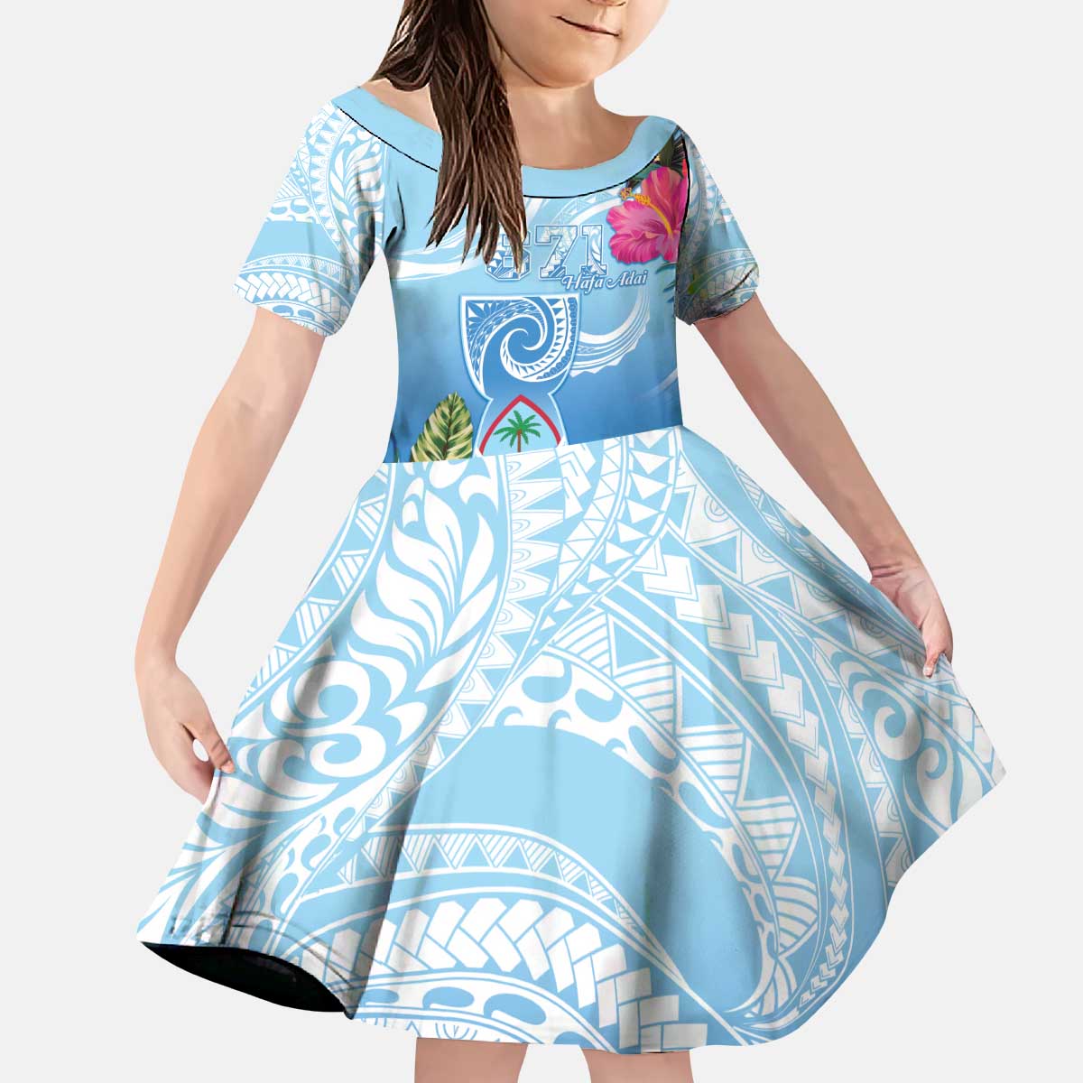 Hafa Adai Guam Kid Short Sleeve Dress Tropical Flowers Blue Gradient