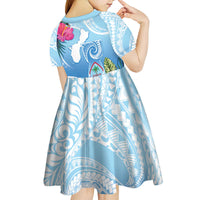 Hafa Adai Guam Kid Short Sleeve Dress Tropical Flowers Blue Gradient