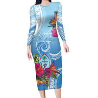 Hafa Adai Guam Long Sleeve Bodycon Dress Tropical Flowers Blue Gradient