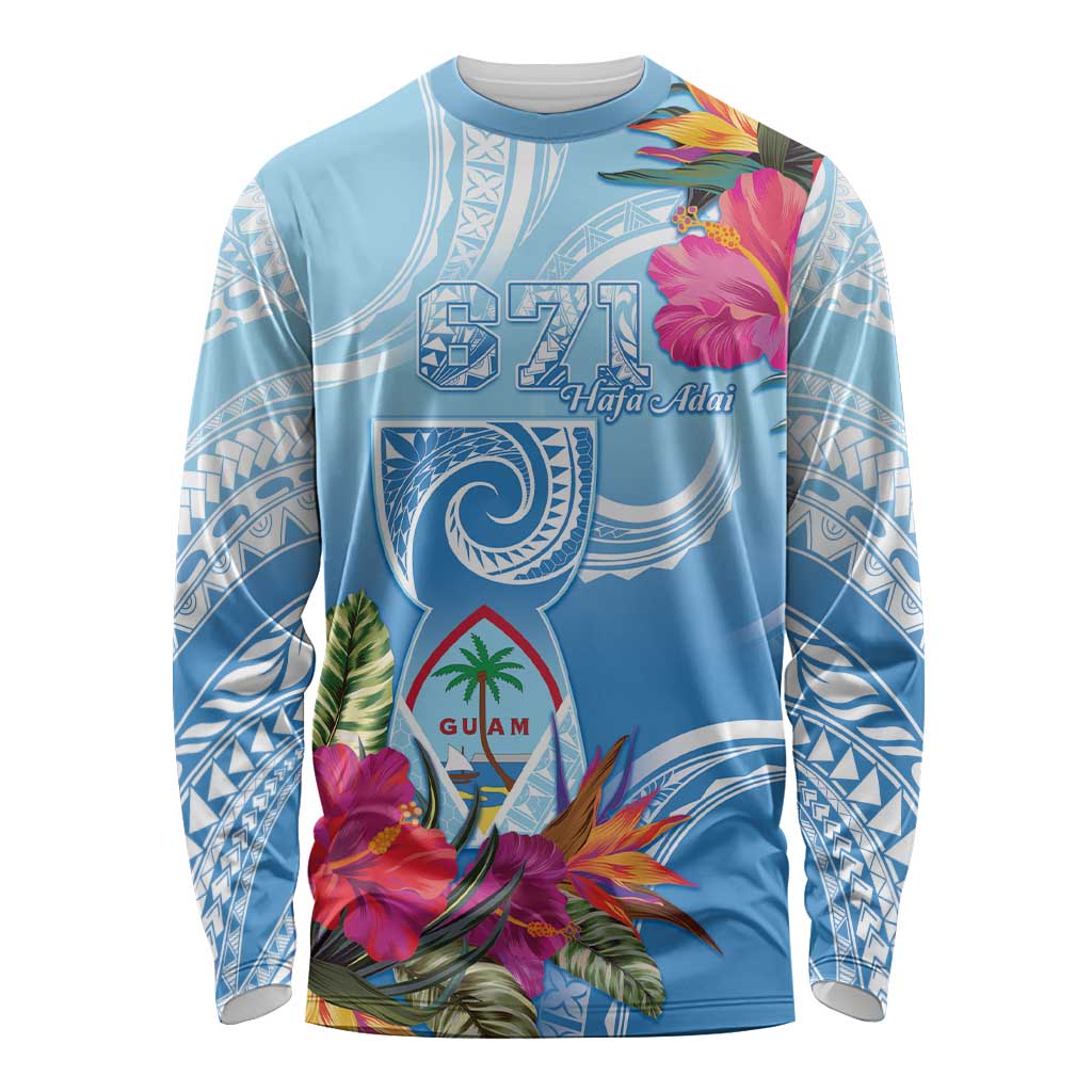 Hafa Adai Guam Long Sleeve Shirt Tropical Flowers Blue Gradient