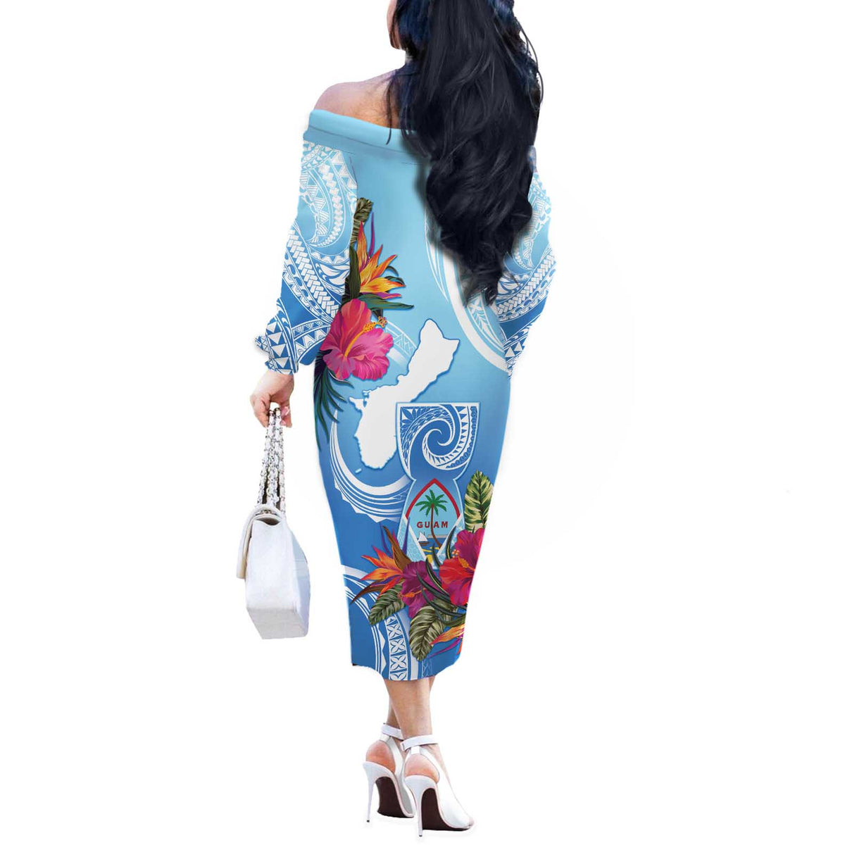 Hafa Adai Guam Off The Shoulder Long Sleeve Dress Tropical Flowers Blue Gradient