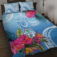 Hafa Adai Guam Quilt Bed Set Tropical Flowers Blue Gradient
