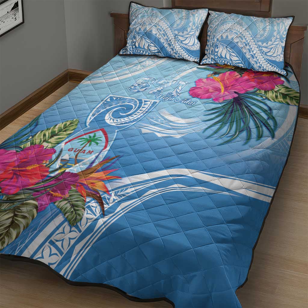 Hafa Adai Guam Quilt Bed Set Tropical Flowers Blue Gradient