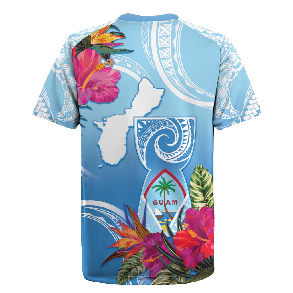 Hafa Adai Guam Rugby Jersey Tropical Flowers Blue Gradient LT05 - Polynesian Pride