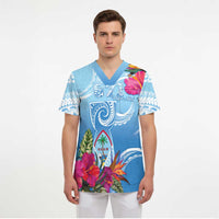 Hafa Adai Guam Scrub Top Tropical Flowers Blue Gradient - Polynesian Pride