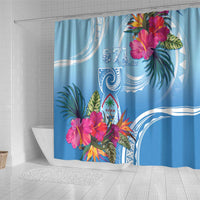 Hafa Adai Guam Shower Curtain Tropical Flowers Blue Gradient