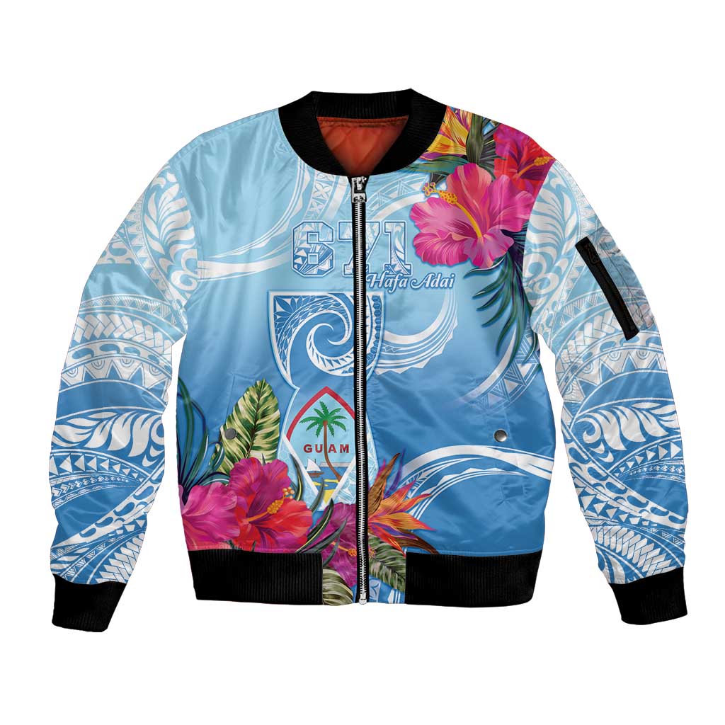 Hafa Adai Guam Sleeve Zip Bomber Jacket Tropical Flowers Blue Gradient