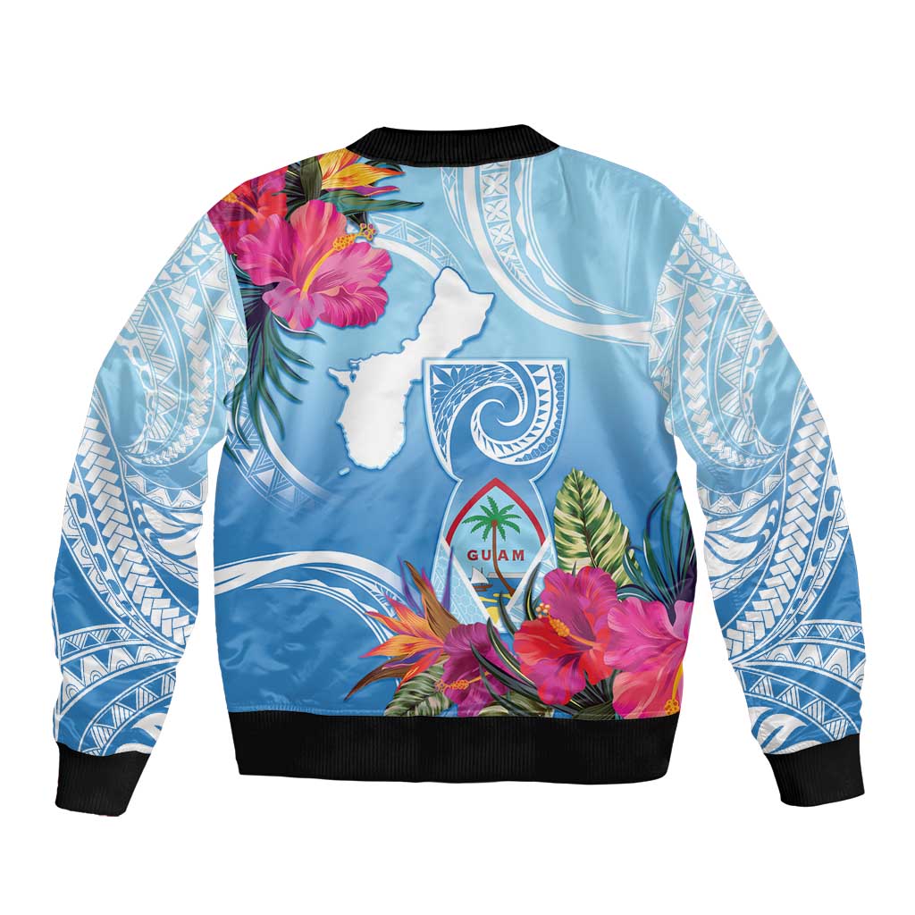 Hafa Adai Guam Sleeve Zip Bomber Jacket Tropical Flowers Blue Gradient