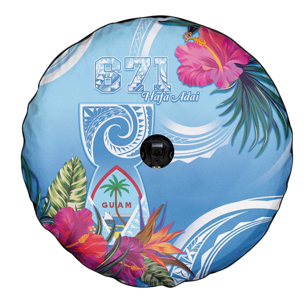 Hafa Adai Guam Spare Tire Cover Tropical Flowers Blue Gradient