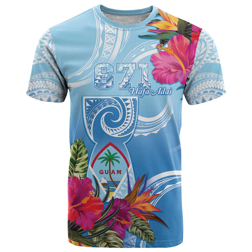 Hafa Adai Guam T Shirt Tropical Flowers Blue Gradient