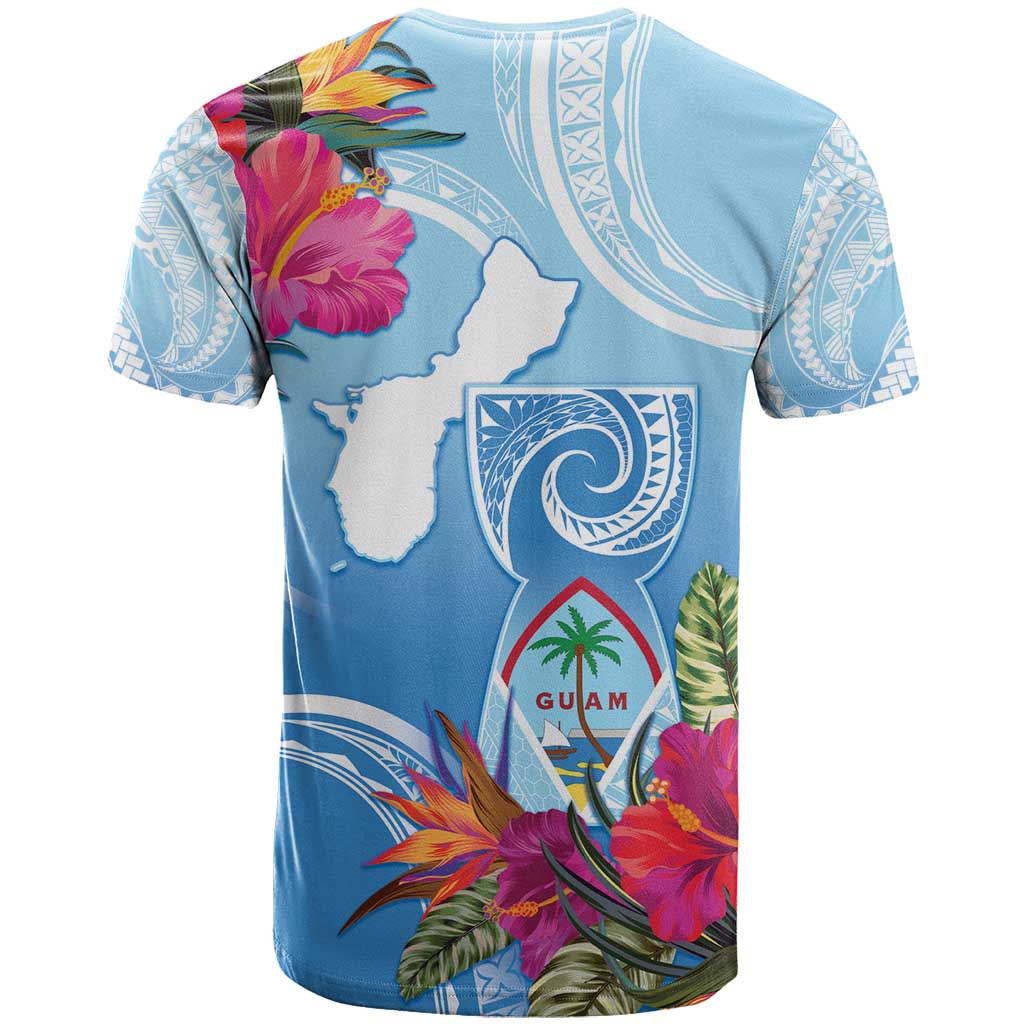 Hafa Adai Guam T Shirt Tropical Flowers Blue Gradient