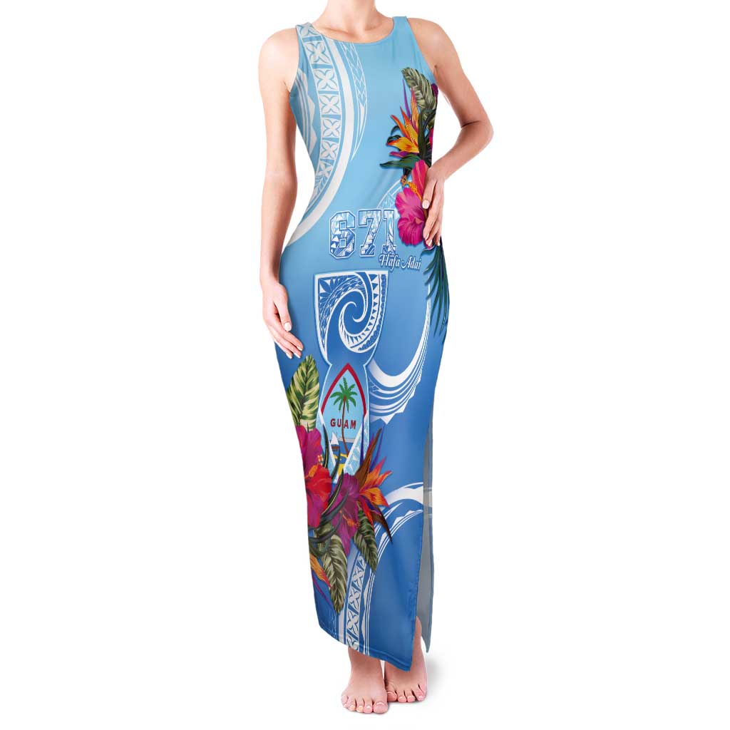 Hafa Adai Guam Tank Maxi Dress Tropical Flowers Blue Gradient