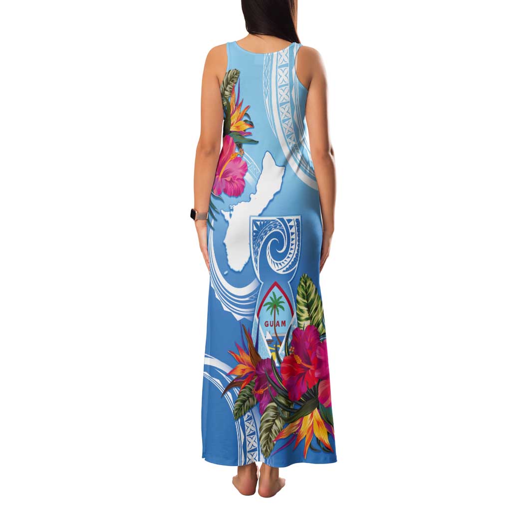 Hafa Adai Guam Tank Maxi Dress Tropical Flowers Blue Gradient