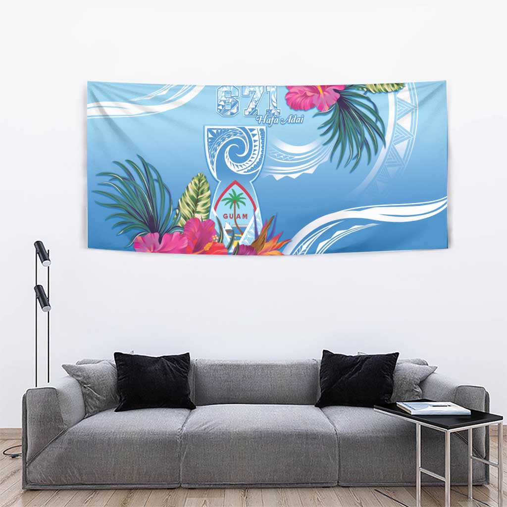 Hafa Adai Guam Tapestry Tropical Flowers Blue Gradient