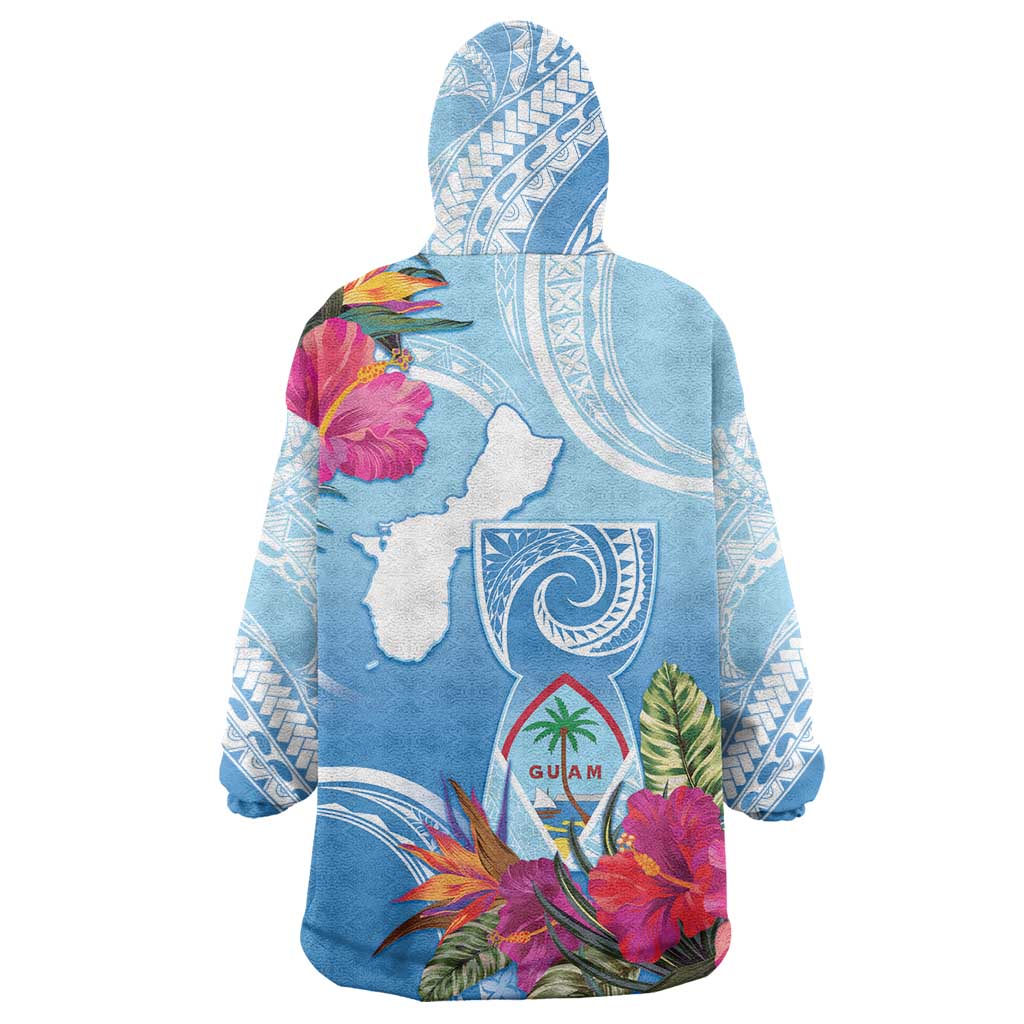 Hafa Adai Guam Wearable Blanket Hoodie Tropical Flowers Blue Gradient