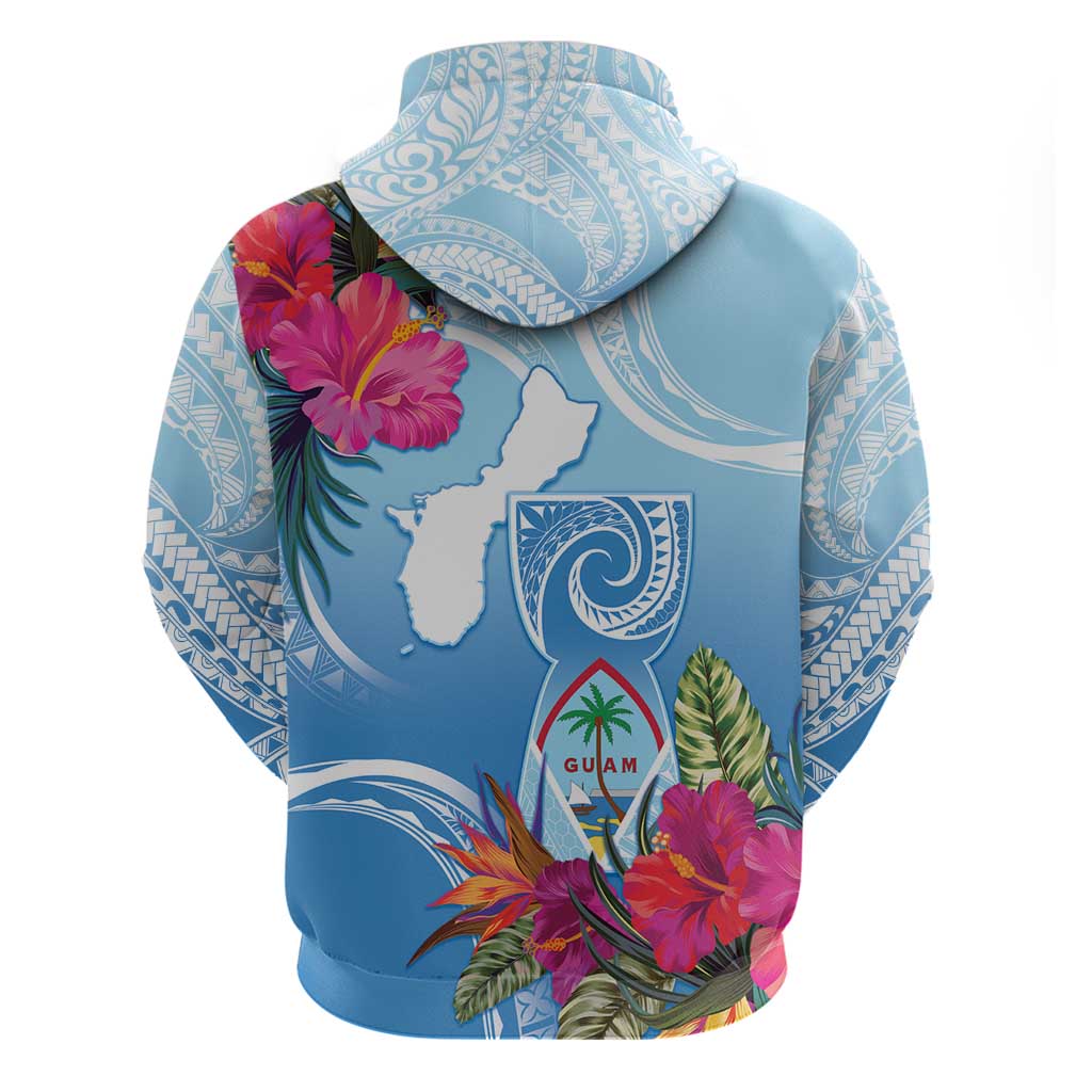 Hafa Adai Guam Zip Hoodie Tropical Flowers Blue Gradient