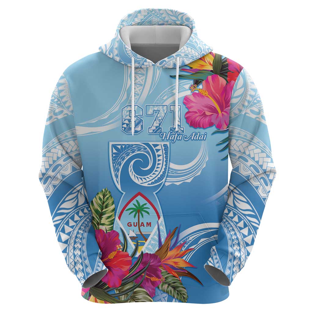 Hafa Adai Guam Zip Hoodie Tropical Flowers Blue Gradient