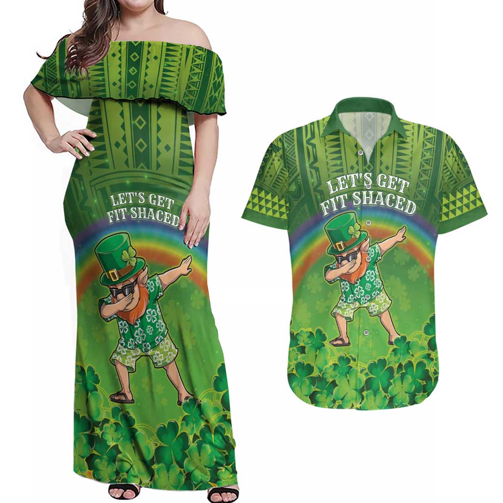 Personalised Hawaii Saint Patrick's Day Couples Matching Off Shoulder Maxi Dress and Hawaiian Shirt Let's Get Fit Shaced