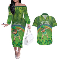 Personalised Hawaii Saint Patrick's Day Couples Matching Off The Shoulder Long Sleeve Dress and Hawaiian Shirt Let's Get Fit Shaced