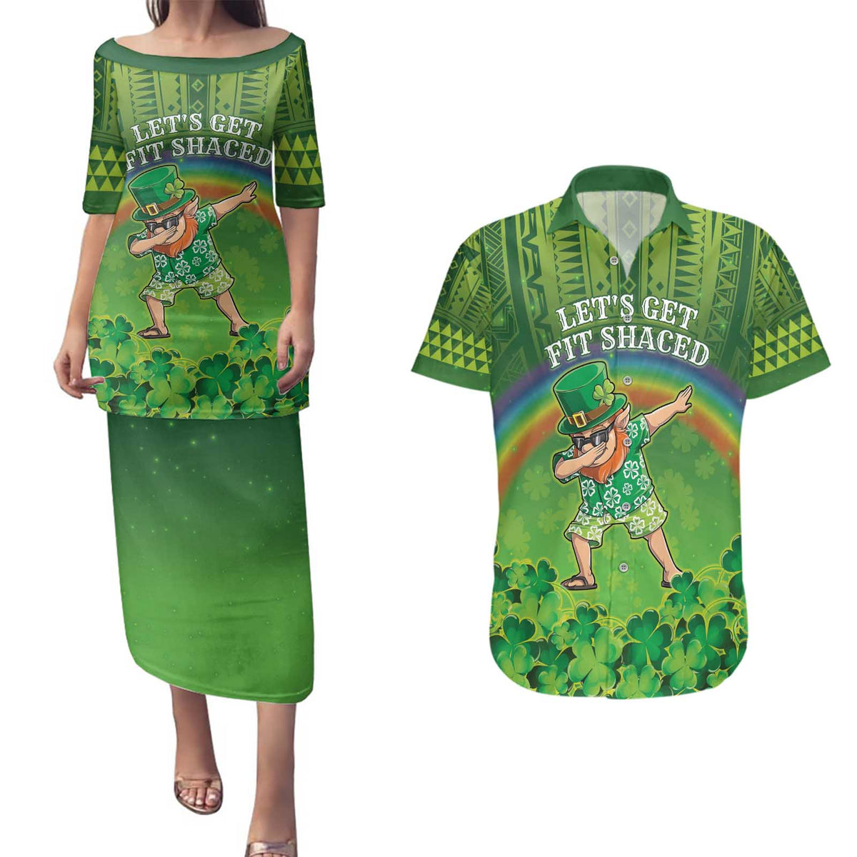 Personalised Hawaii Saint Patrick's Day Couples Matching Puletasi and Hawaiian Shirt Let's Get Fit Shaced LT05 Green - Polynesian Pride
