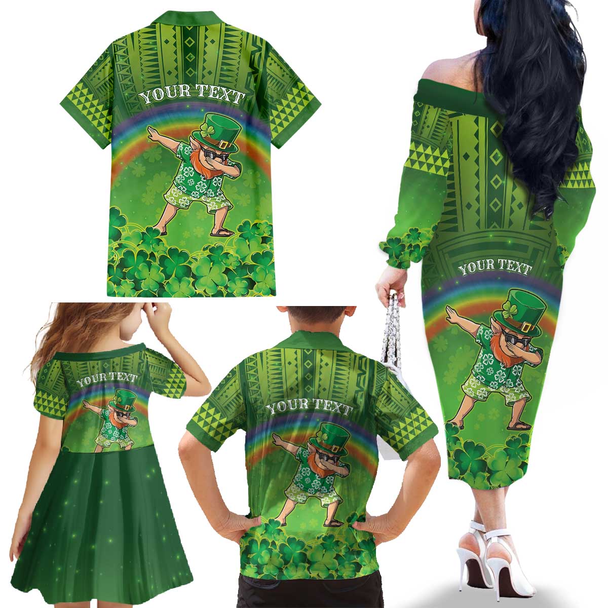Personalised Hawaii Saint Patrick's Day Family Matching Off The Shoulder Long Sleeve Dress and Hawaiian Shirt Let's Get Fit Shaced