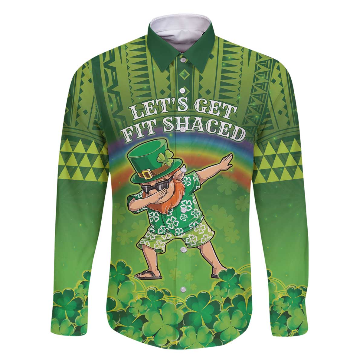 Personalised Hawaii Saint Patrick's Day Family Matching Off The Shoulder Long Sleeve Dress and Hawaiian Shirt Let's Get Fit Shaced