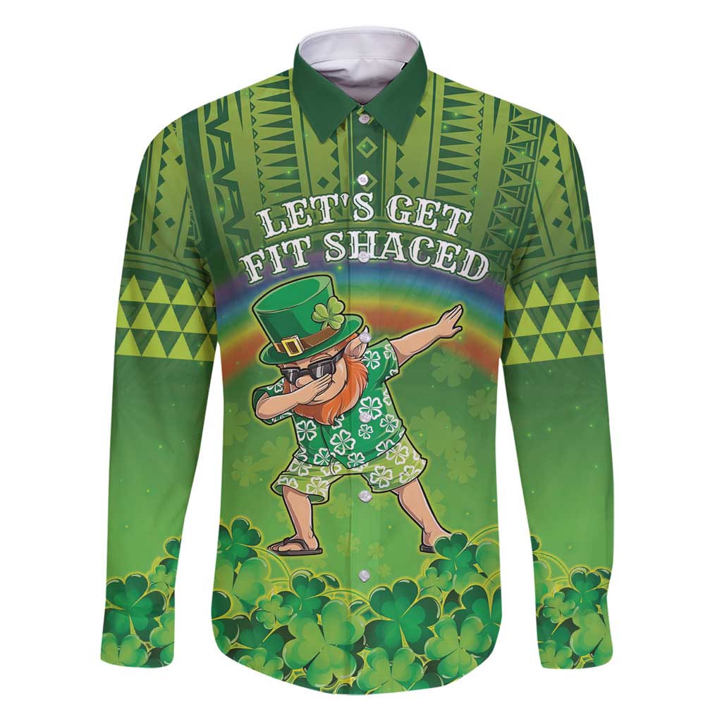 Personalised Hawaii Saint Patrick's Day Family Matching Puletasi and Hawaiian Shirt Let's Get Fit Shaced LT05 Dad's Shirt - Long Sleeve Green - Polynesian Pride