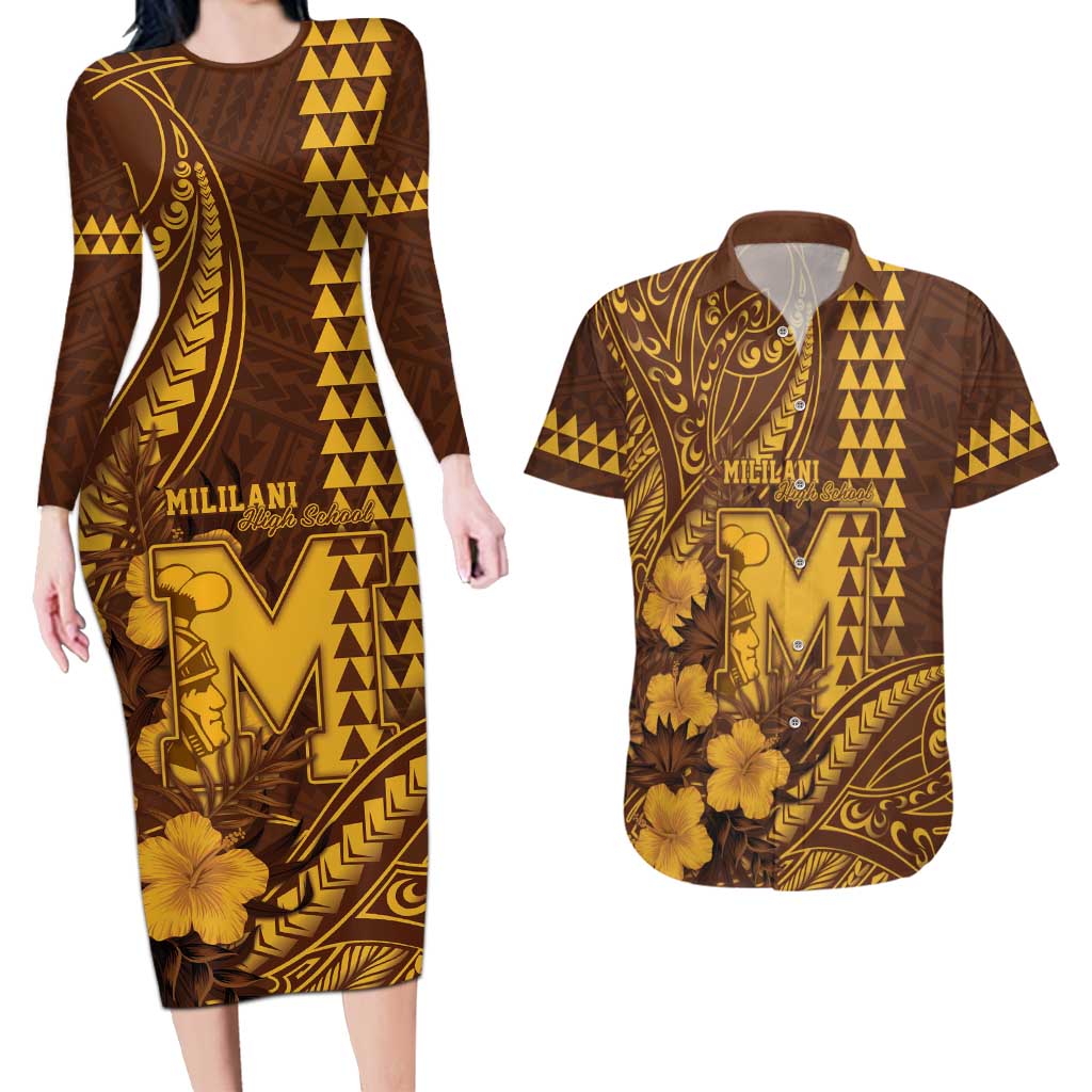 Personalised Hawaii Mililani High School Couples Matching Long Sleeve Bodycon Dress and Hawaiian Shirt Tribal Tattoo With Hibiscus Flowers